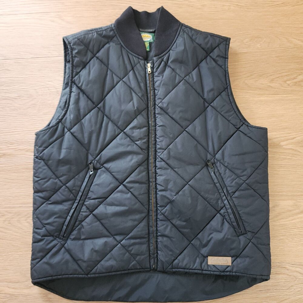 VTG Cabelas Vest Jacket Mens Black Nylon Full Zip Diamond Quilted Puffer
